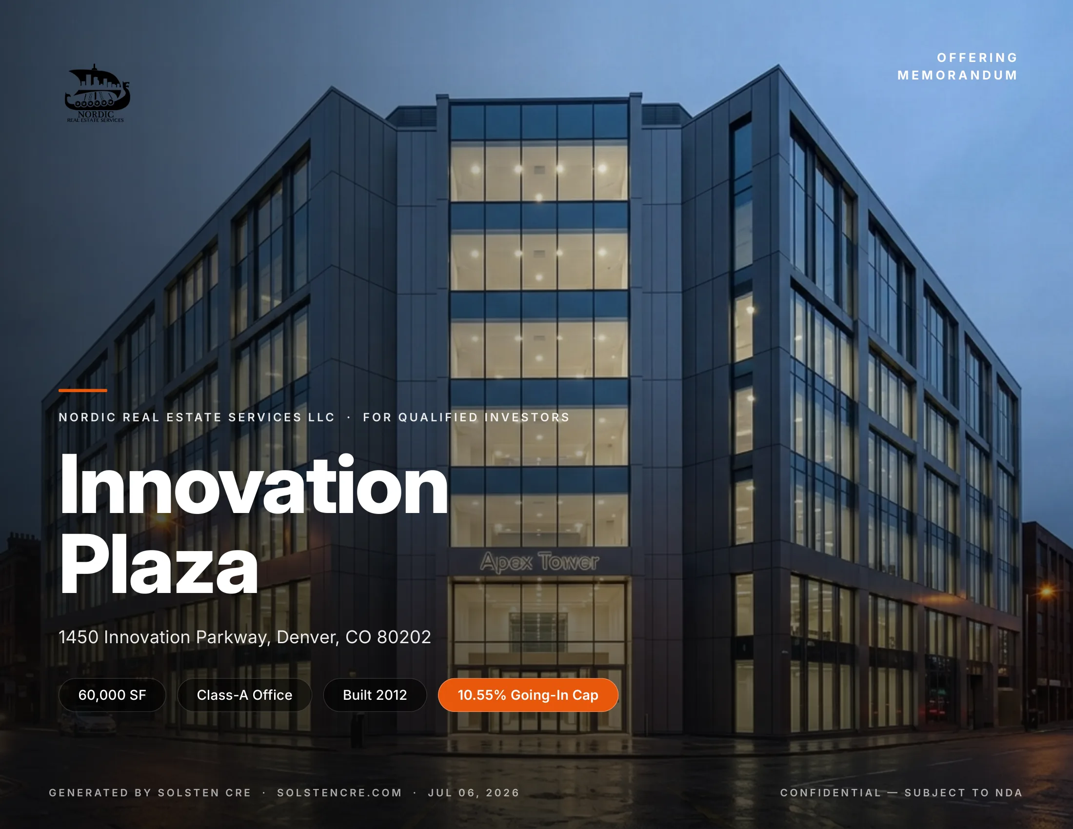 Orange theme — Innovation Plaza OM sample cover, generated by Solsten CRE