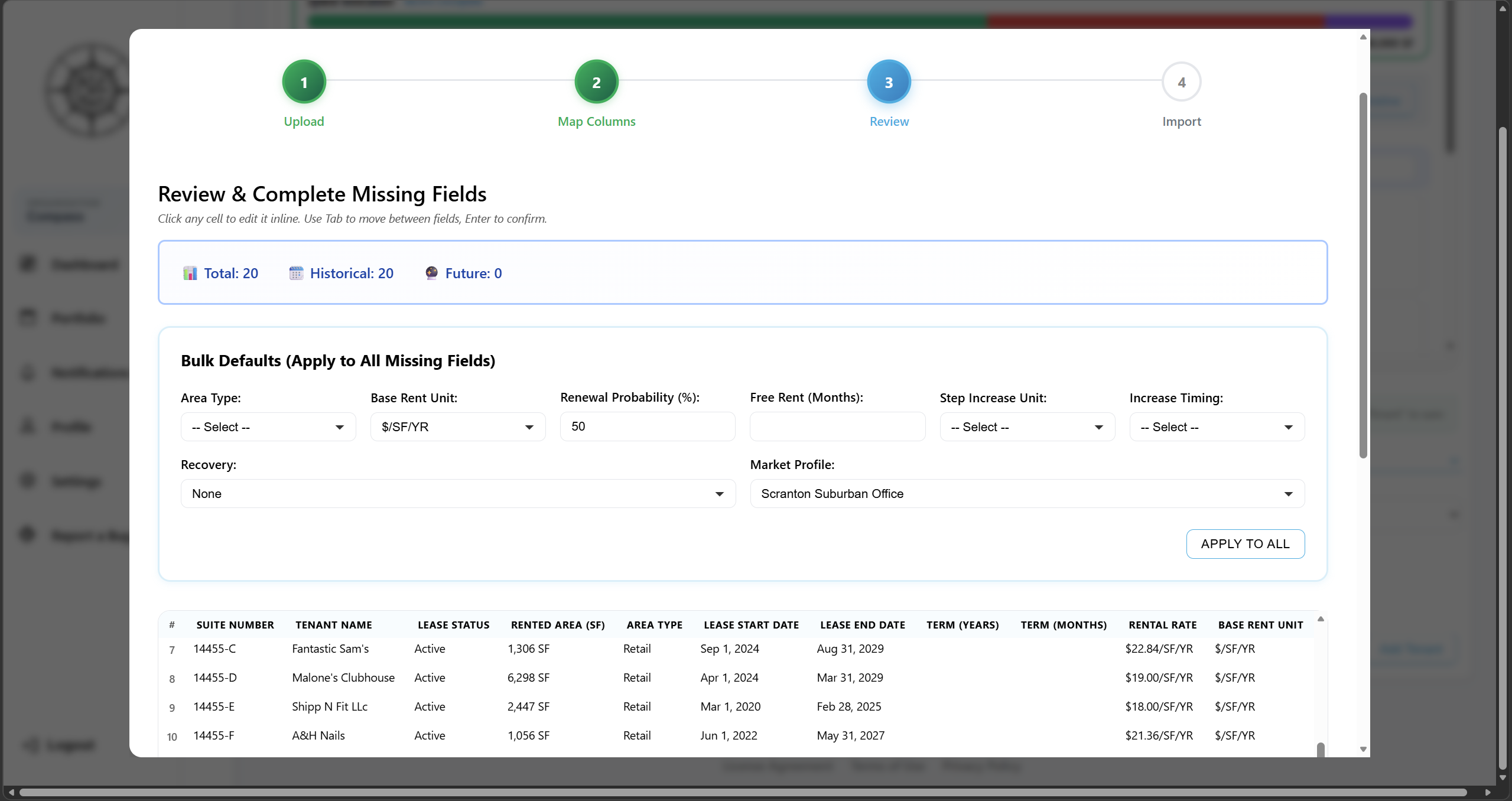 Solsten Excel Import Wizard auto-detecting expense columns, dates, and categories from a T-12 spreadsheet