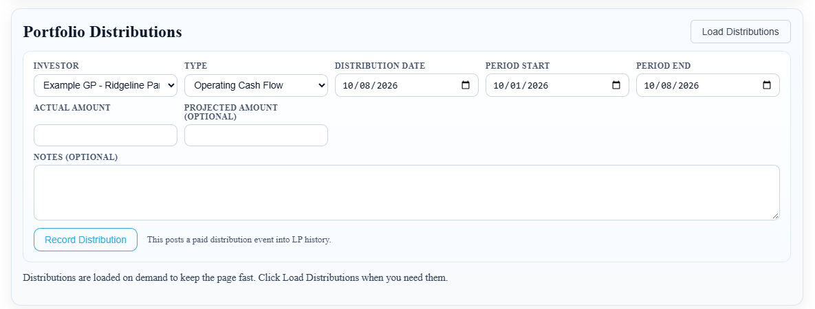 The sponsor side of a Solsten portfolio: the Portfolio Distributions form with investor, type, distribution date, period start and end, actual amount, projected amount and notes, and the Record Distribution button.