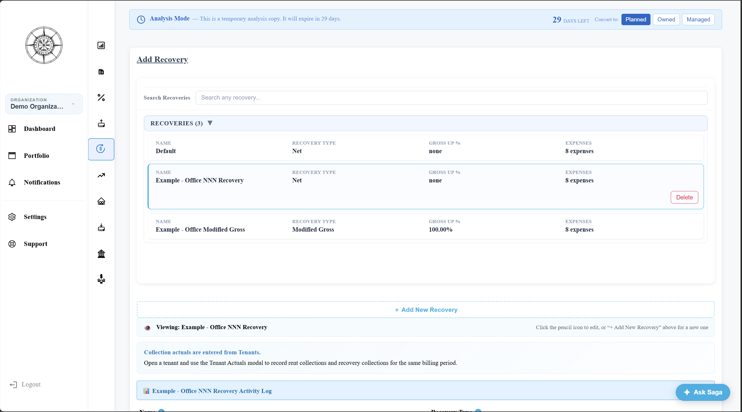 Solsten Recoveries page — three configured recovery structures (Default Net, Example Office NNN, Example Office Modified Gross at 100% gross-up), each linked to 8 expense line items, with a Recovery Activity Log and an in-context note about how Tenant Actuals feed recovery collections