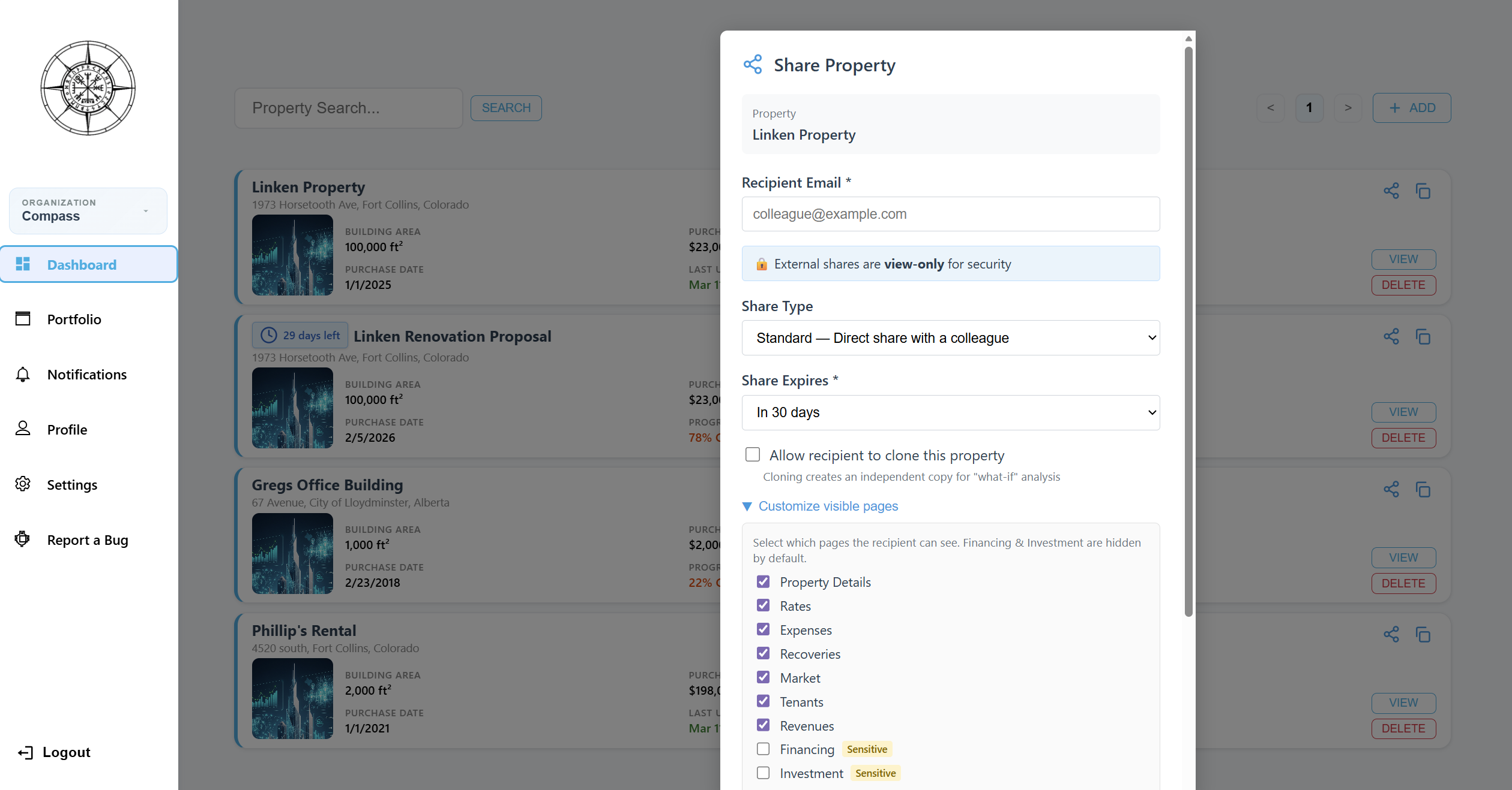 Solsten Share Property dialog with page visibility checkboxes, role-based access, and share link