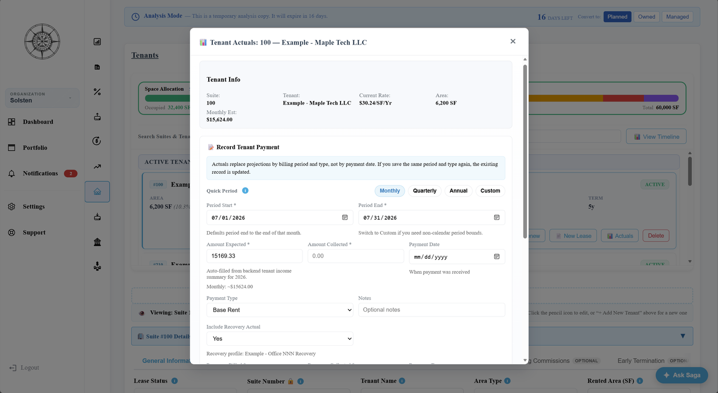Solsten tenant payment actuals recording screen, where received rent is entered against the projected amount for each tenant and period